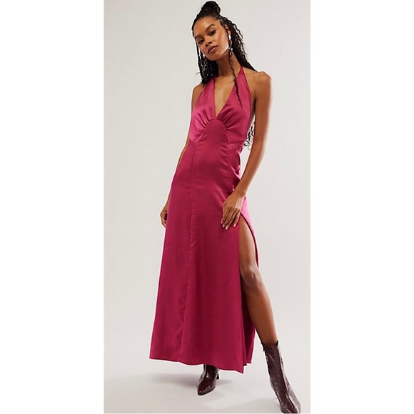 Free People Dance Till Dawn Satin Maxi Halter Maxi Dress, NWT, Large, Rose - Picture 1 of 16
